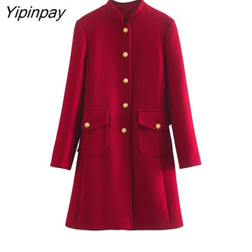 Yipinpay 2023 New Winter Women Coat Solid Blends Women Long Sleeve Jacket Outwear Slim Warm Basic Female Fashion Overcoat